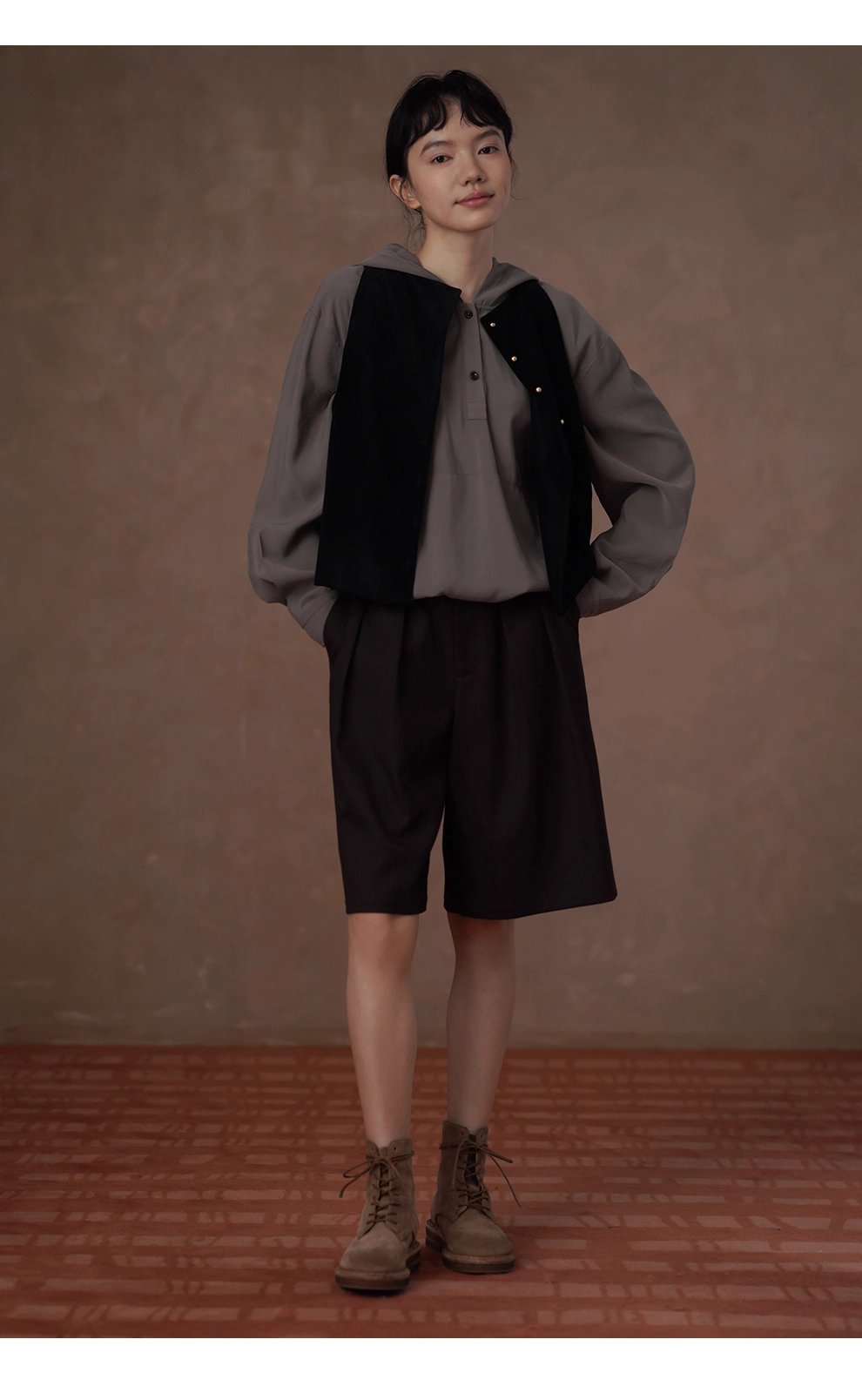 垂爽絲滑綿軟手感顯瘦寬鬆上衣半門襟休閒連帽長袖襯衫