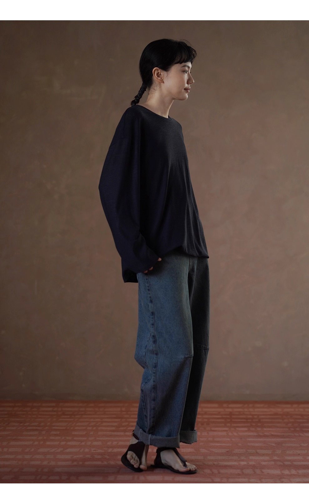 高品質桑蠶絲棉亞麻混紡竹節麻肌理感寬鬆顯瘦長袖T恤女