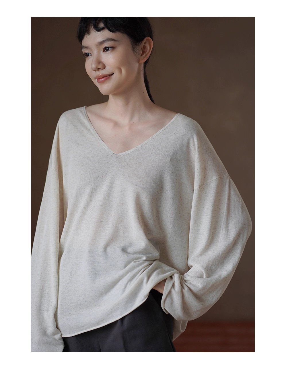 紙片人V領慵懶罩衫清爽天絲亞麻紗線寬鬆顯瘦長袖上衣女