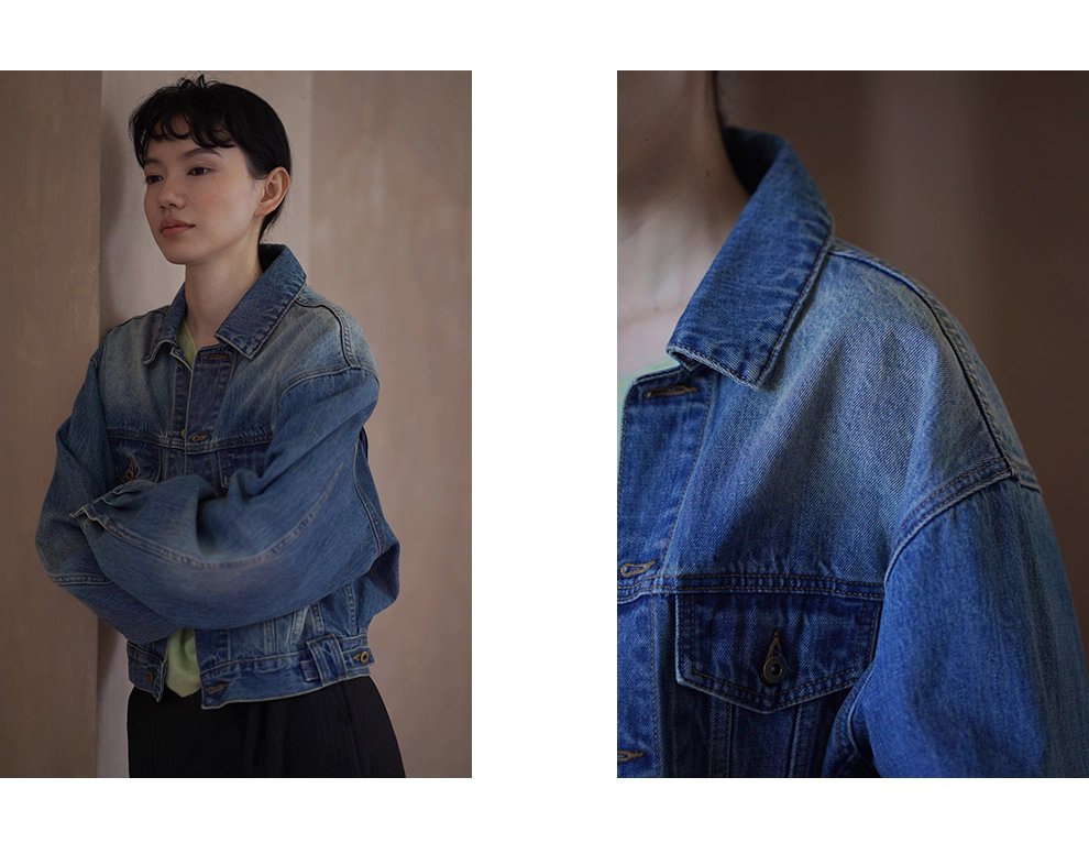 重回80年復古磨白柔軟水洗高克重長絨棉寬鬆牛仔外套女