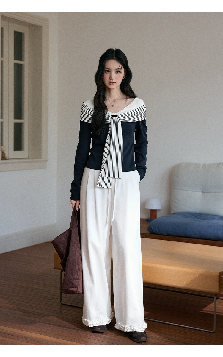 大尺碼條紋飄帶拼接T恤女秋季海軍風上衣