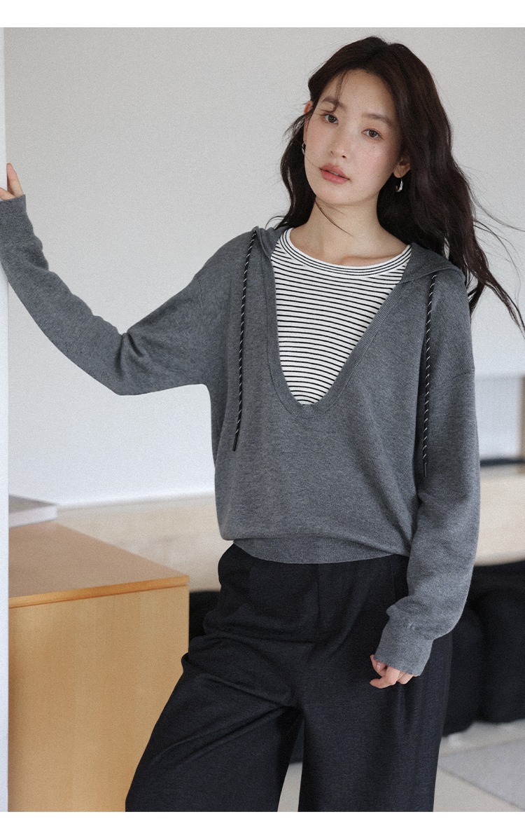 大尺碼條紋拼接假兩件連帽針織衫秋裝韓系慵懶上衣