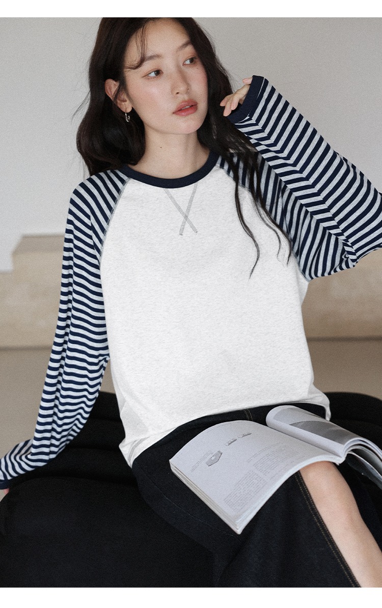 條紋長袖花灰色T恤女2025全新內搭秋裝大尺碼遮肚上衣