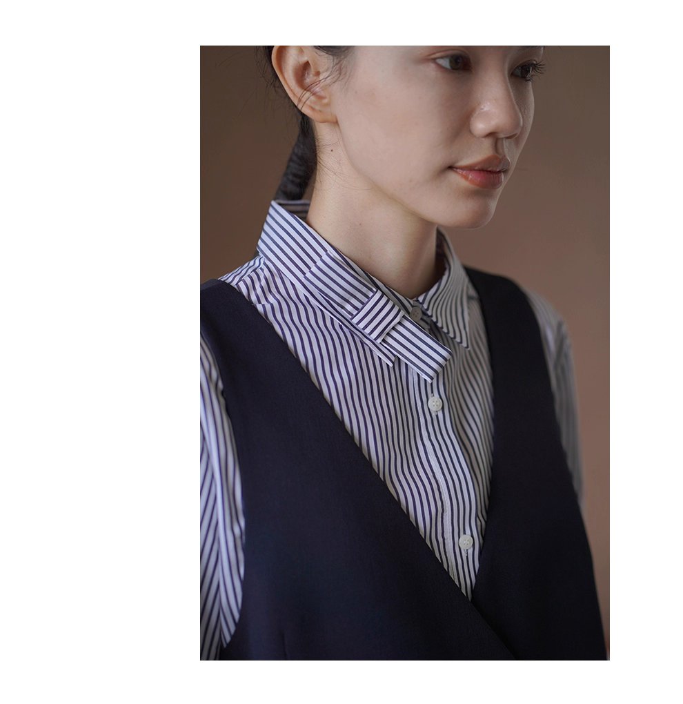 高品質100棉色織條紋法國經典寬鬆通勤可拆式蝴蝶結襯衫