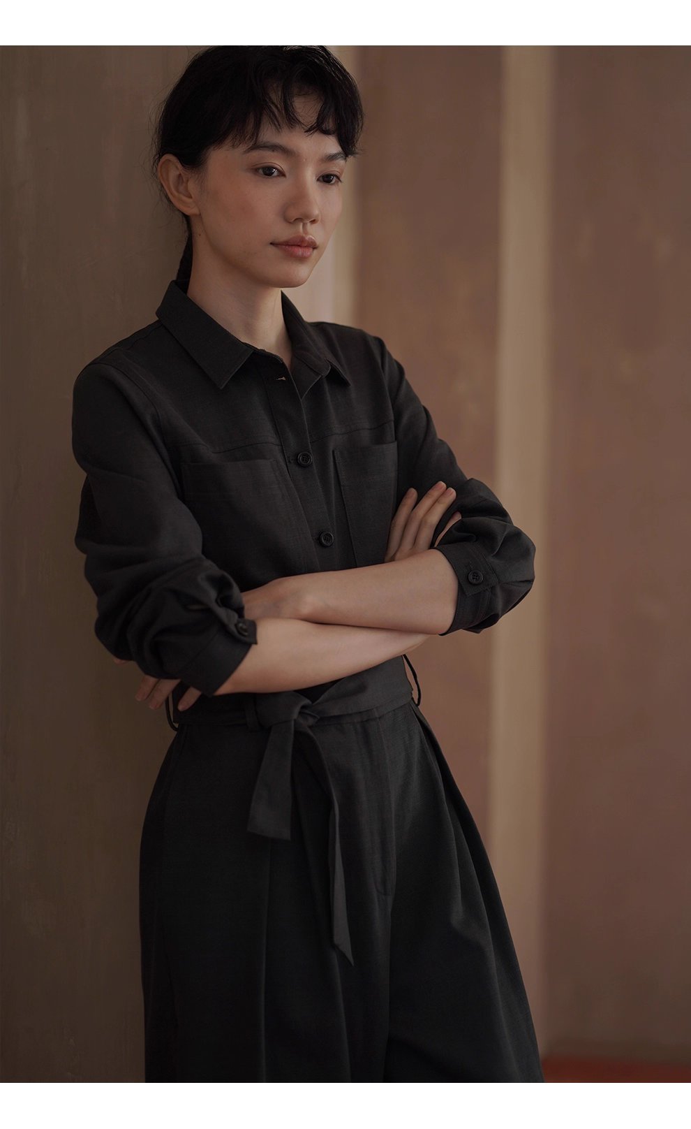 酷颯都市工裝寬鬆襯衫領闊腿顯瘦萊賽爾棉通勤連身褲