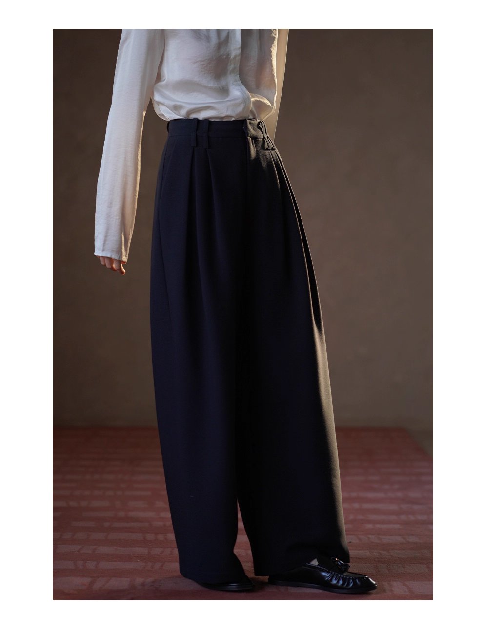 鬆弛顯瘦版型雙面織造斜紋西褲布料高腰闊腿通勤長褲女