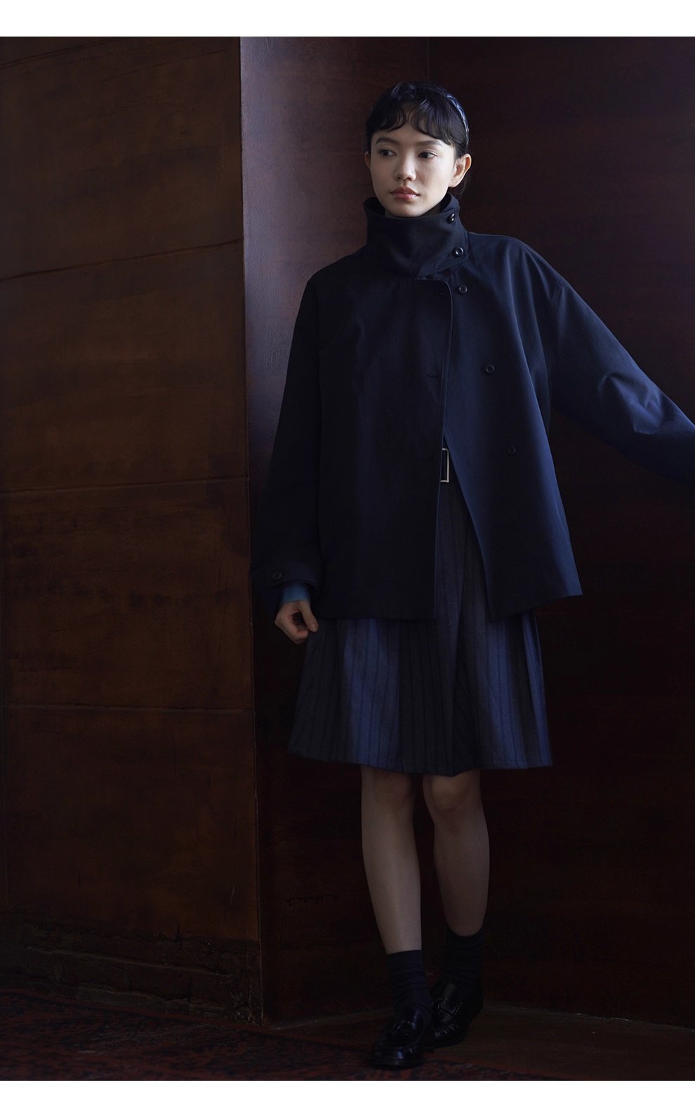 品質暗條紋肌理感斜門襟中長百褶高腰顯瘦學院風半身裙