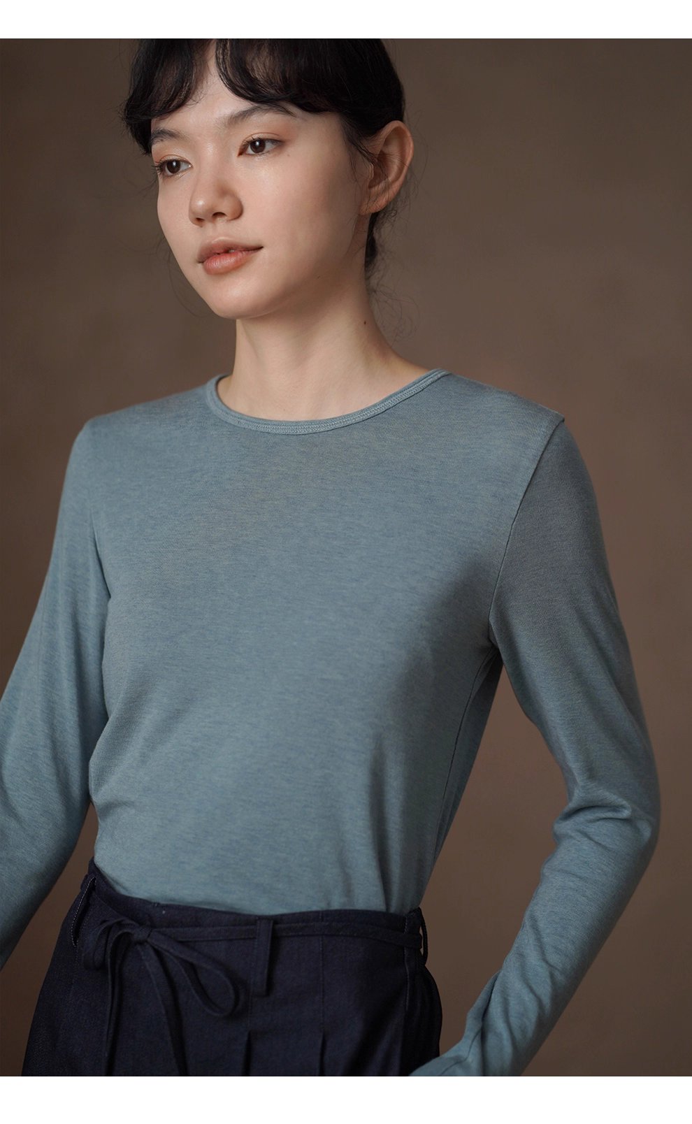 貼身保護舒適彈性軟糯親膚綿羊毛萊賽爾長袖圓領合身T恤