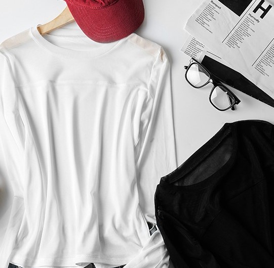 薄款內搭圓領長袖T恤性感微透網紗拼接打底上衣