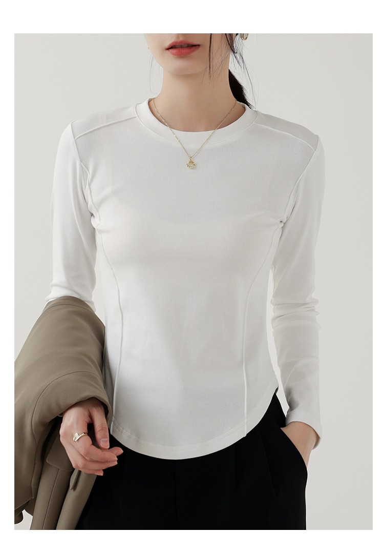 圓領打底衫女魚骨圓弧下擺長袖長袖T恤女內搭洋氣合身上衣