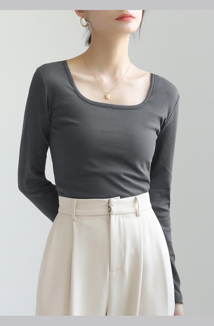 U領長袖T恤上衣方領鎖骨低領合身打底衫內搭時髦時尚洋氣