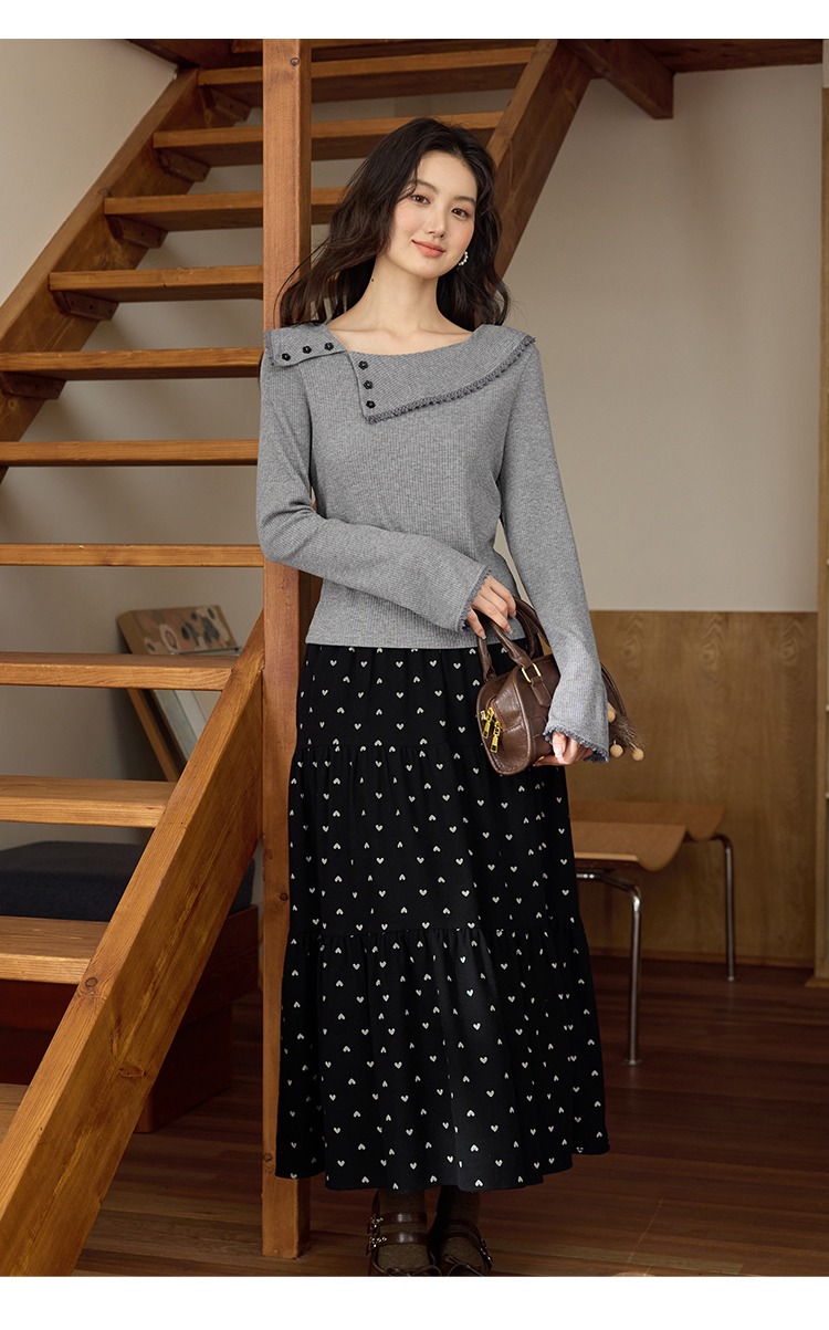 中大尺碼胖mm灰色針織衫女新款長袖斜領上衣