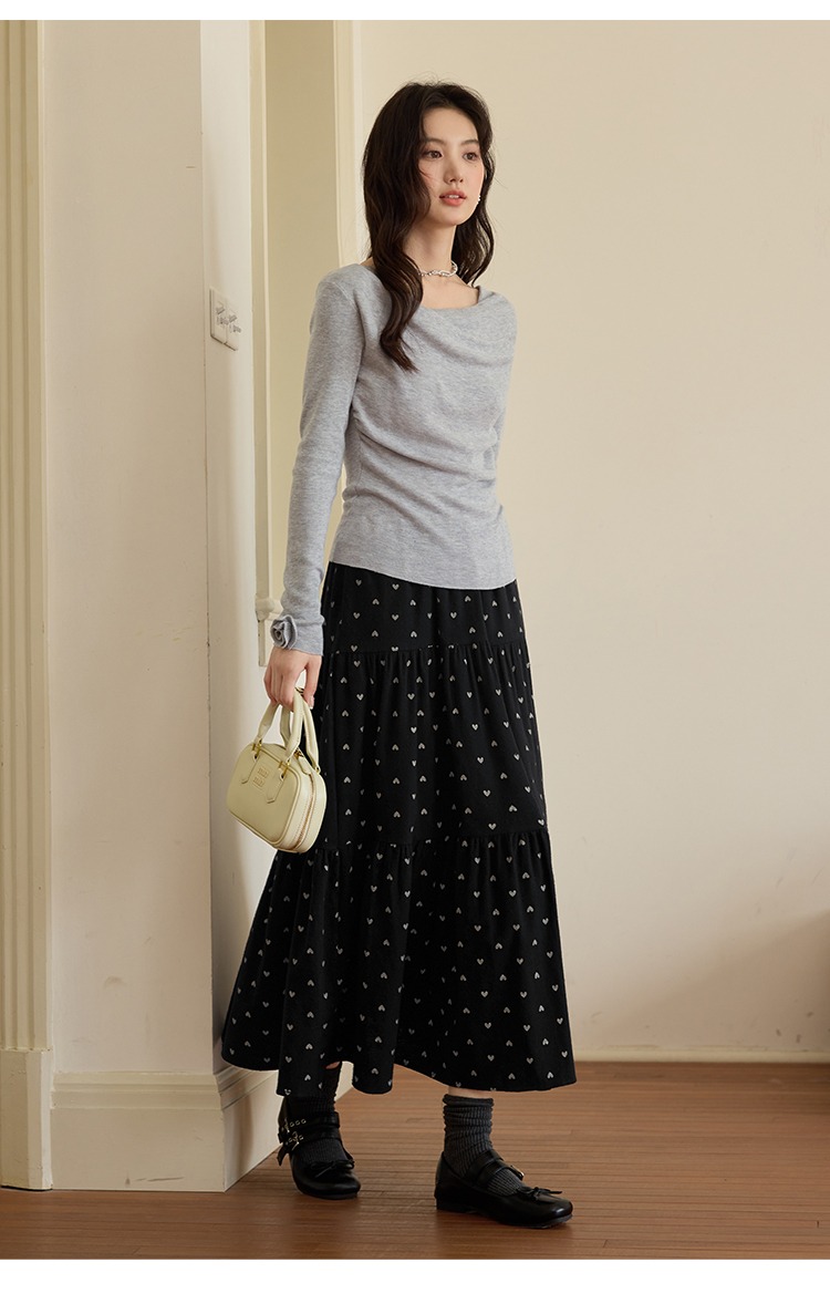 中大尺碼愛心印花A字蛋糕裙黑色長裙磨毛秋季裙子