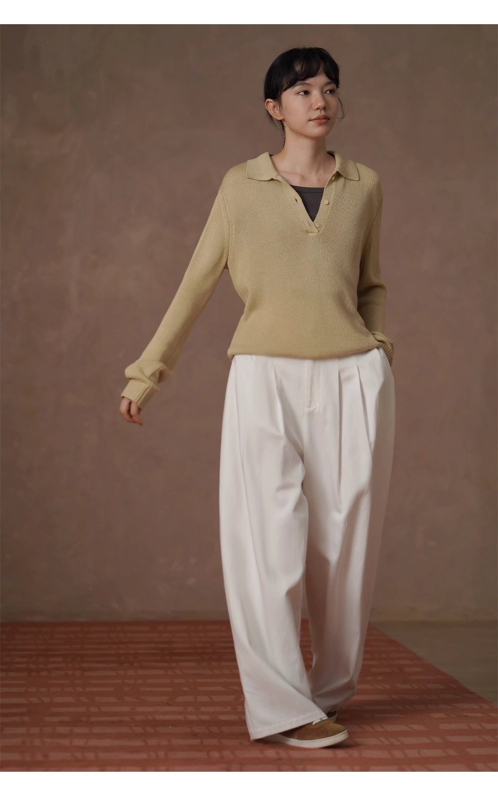 溫和薑茶亞麻鬆弛寬鬆復古顯瘦Polo領針織落肩通勤上衣