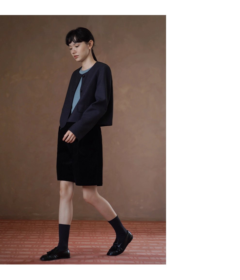 深空亞麻肌理感圓領通勤短外套經典俐落簡約顯瘦西裝女