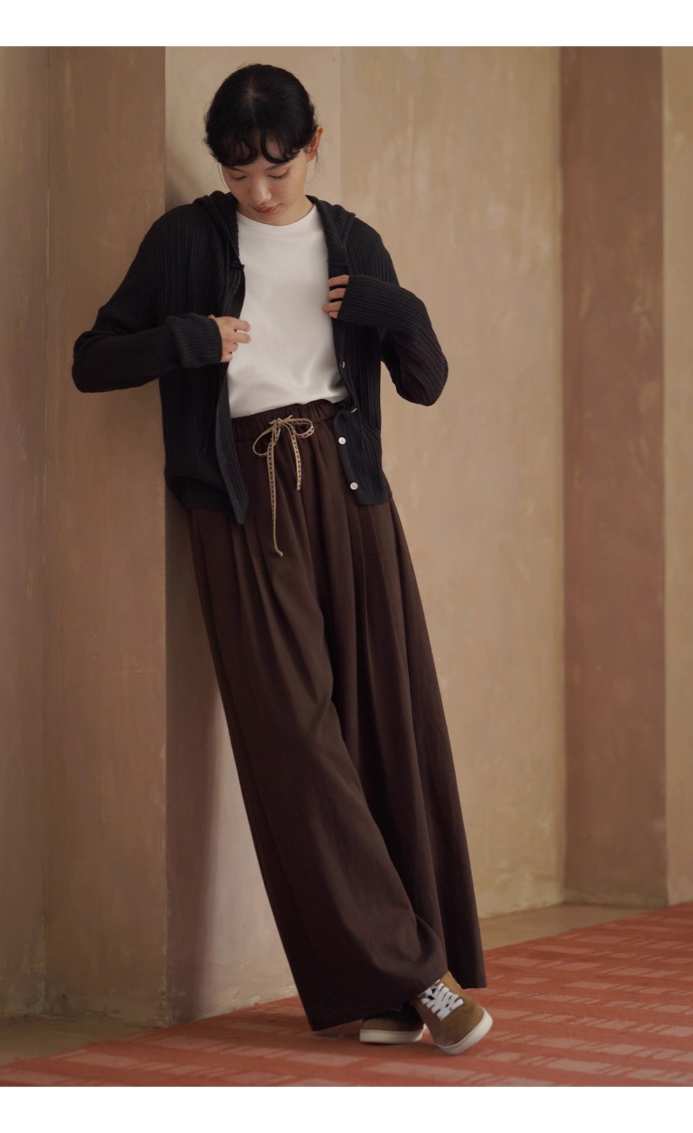 48支超細美利奴羊毛混紡顯瘦坑條織法寬鬆連帽針織開襟衫