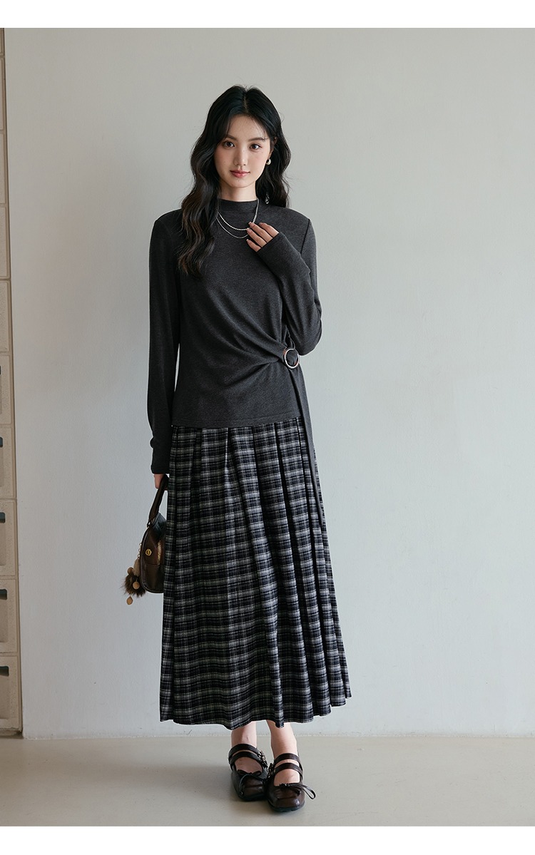 中大尺碼長袖T恤女飄帶上衣半高領打底衫上衣