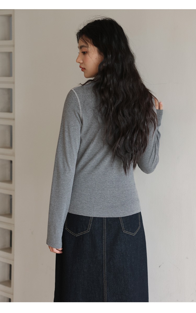 大尺碼正肩Polo領子長袖T恤女灰色上衣