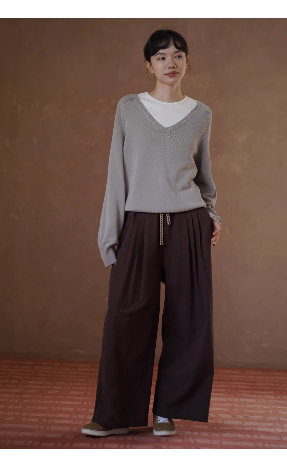 榛果拿鐵長褲顯瘦輪廓柔軟寬鬆織帶抽繩高腰遮肉闊腿褲