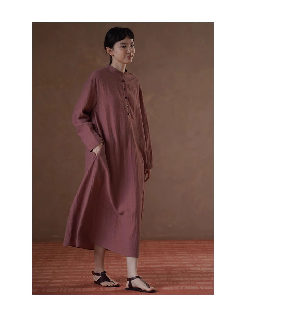 清雅芍藥顯白亞麻混紡透氣挺括顯瘦寬鬆立領襯衫洋裝