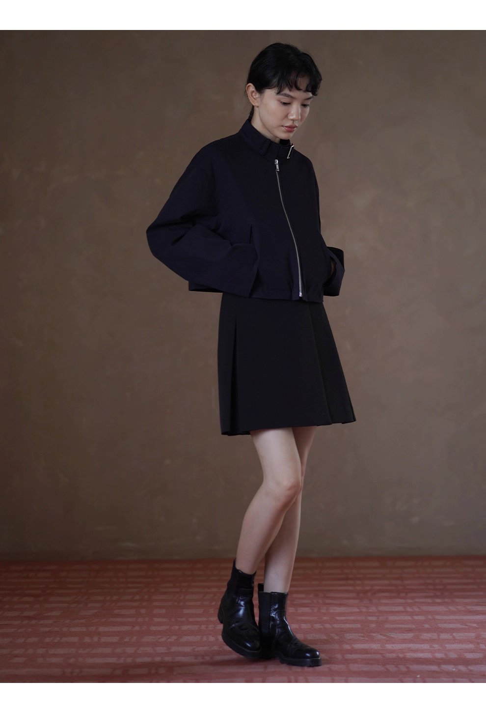 簡約騎士夾克立領日字袢小個子短款寬鬆落肩顯瘦外套女