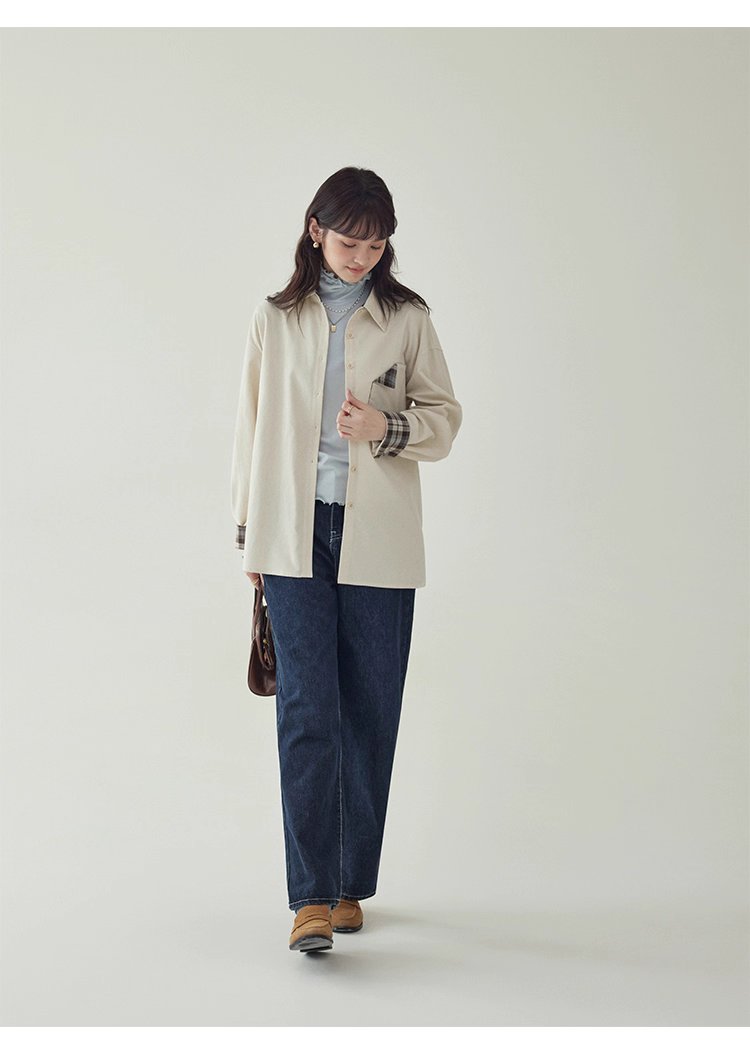 撞色格紋燈芯絨長袖襯衫女秋季新款翻領外套上衣