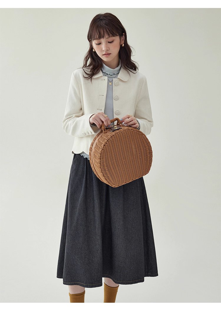 小香風純色單排扣短外套女秋新款波浪擺長袖上衣