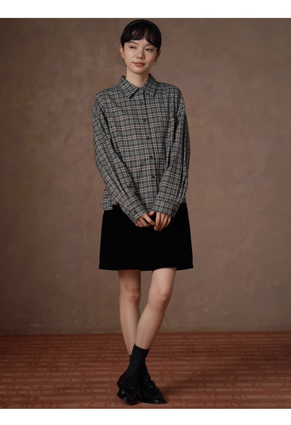 馬德拉斯復古格紋襯衫落肩寬鬆英倫疊穿學院翻領上衣女