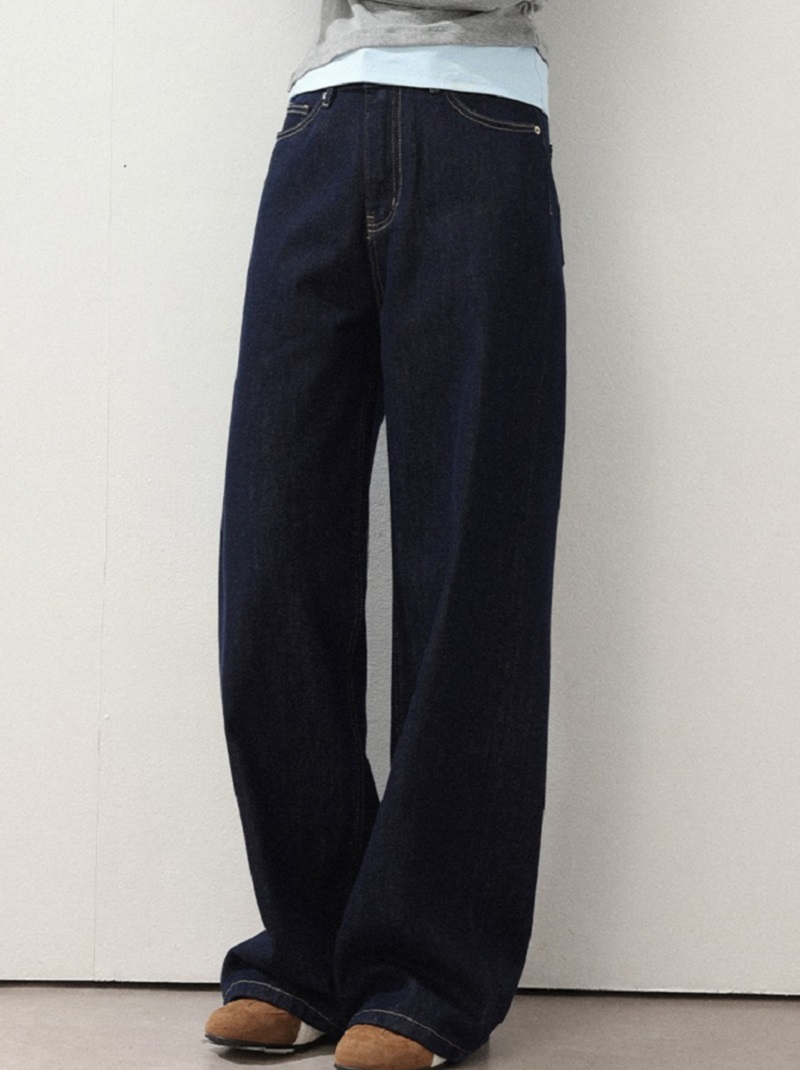 高腰直筒牛仔褲胖mm顯瘦深藍色寬褲