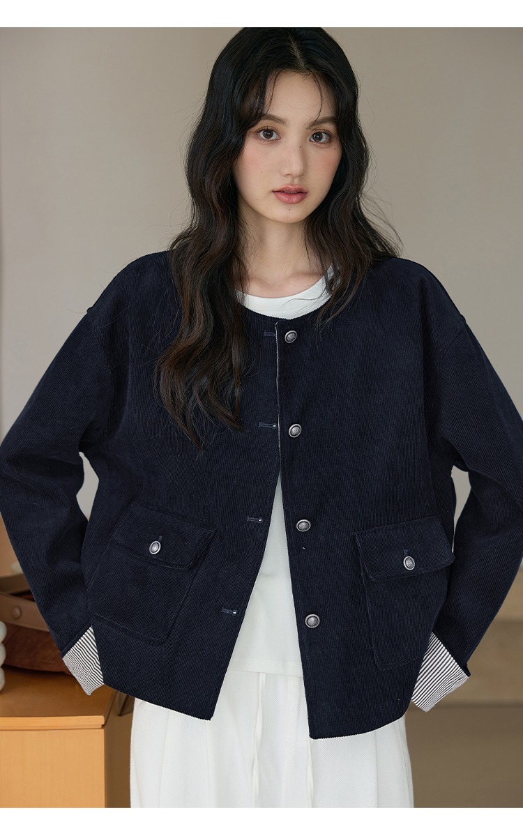 胖mm大尺碼燈芯絨外套韓系穿搭深藍色開衫外套