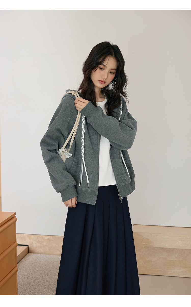 大尺碼連帽刷絨外套寬鬆上拉鍊長袖外套