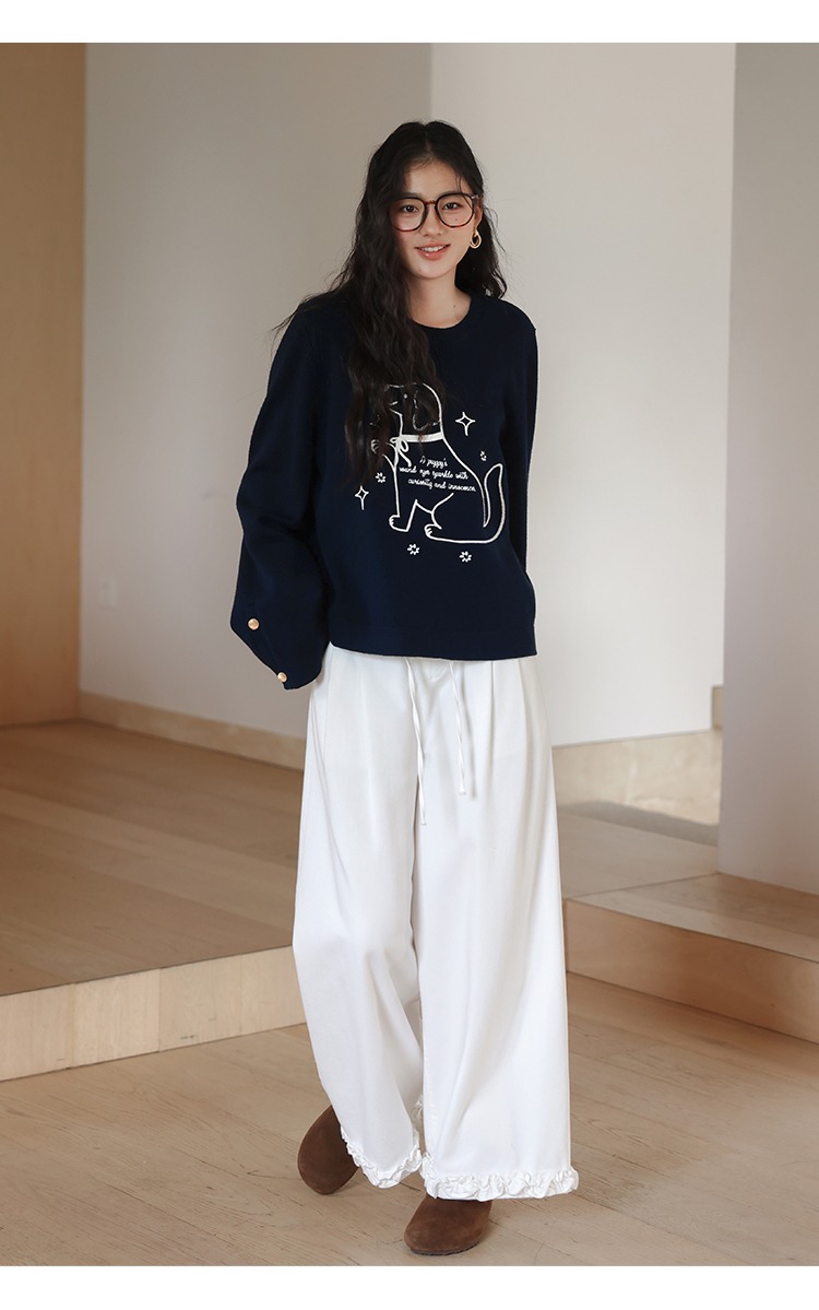 大尺碼小狗刺繡毛衣慵懶針織衫秋冬寬鬆上衣