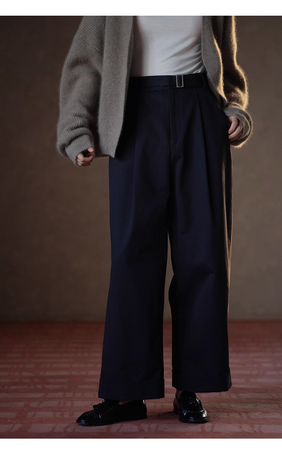 無可挑剔挺括棉感可調式腰帶直筒寬鬆闊腿顯瘦高腰長褲