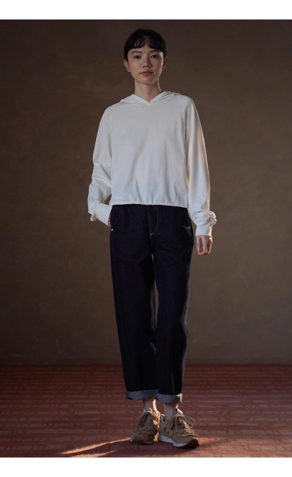 100棉垂軟寬鬆顯瘦連帽休閒長袖上衣可調整下擺T恤內搭