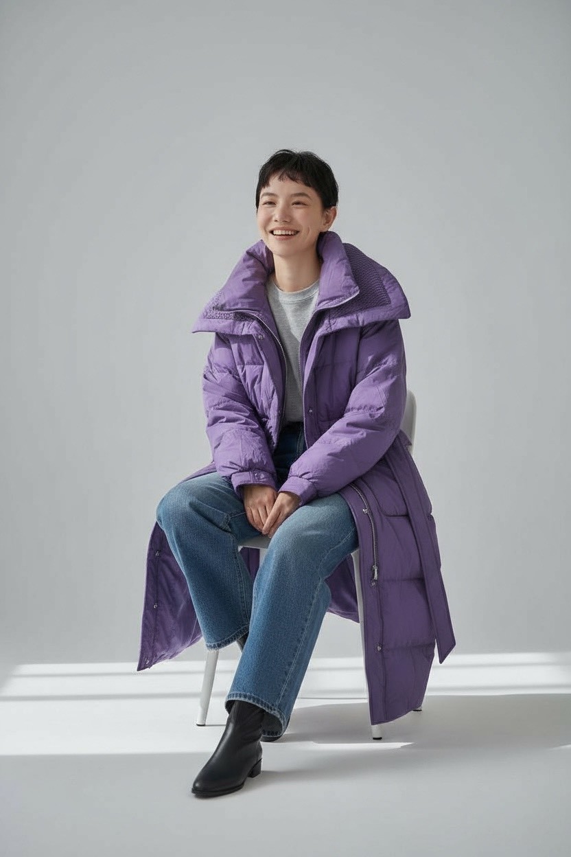 收腰顯瘦保暖白鴨絨大翻領百搭羽絨服中長款外套