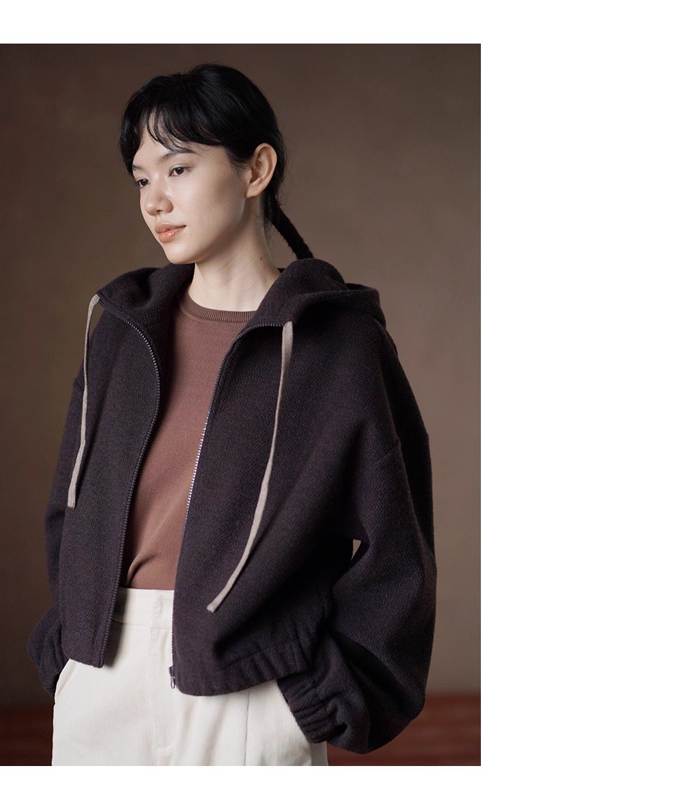 榛果咖濃鬱質感加厚綿羊毛混紡寬鬆短連帽衛衣外套女