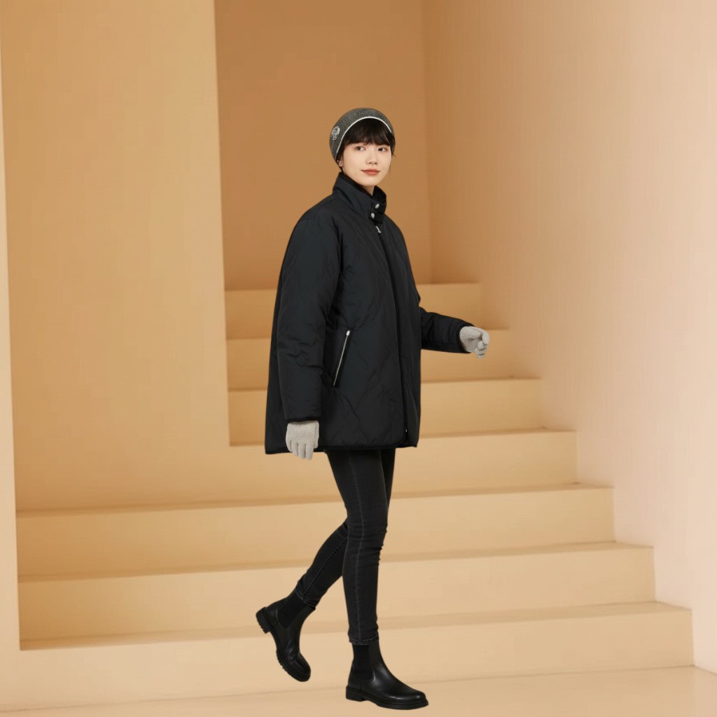 嵐山星空通勤顯瘦立領落肩款式羽絨衣保暖鎖溫白鴨絨外套