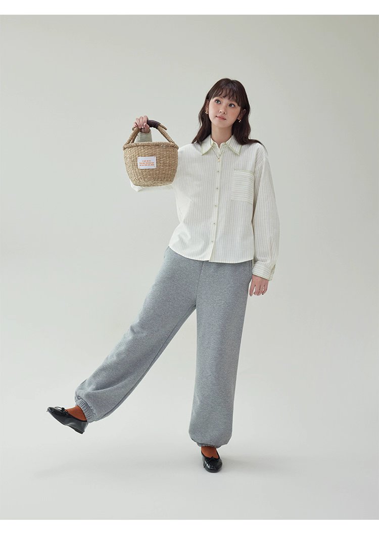 反線條單排扣長袖襯衫女秋季新款polo領寬鬆上衣