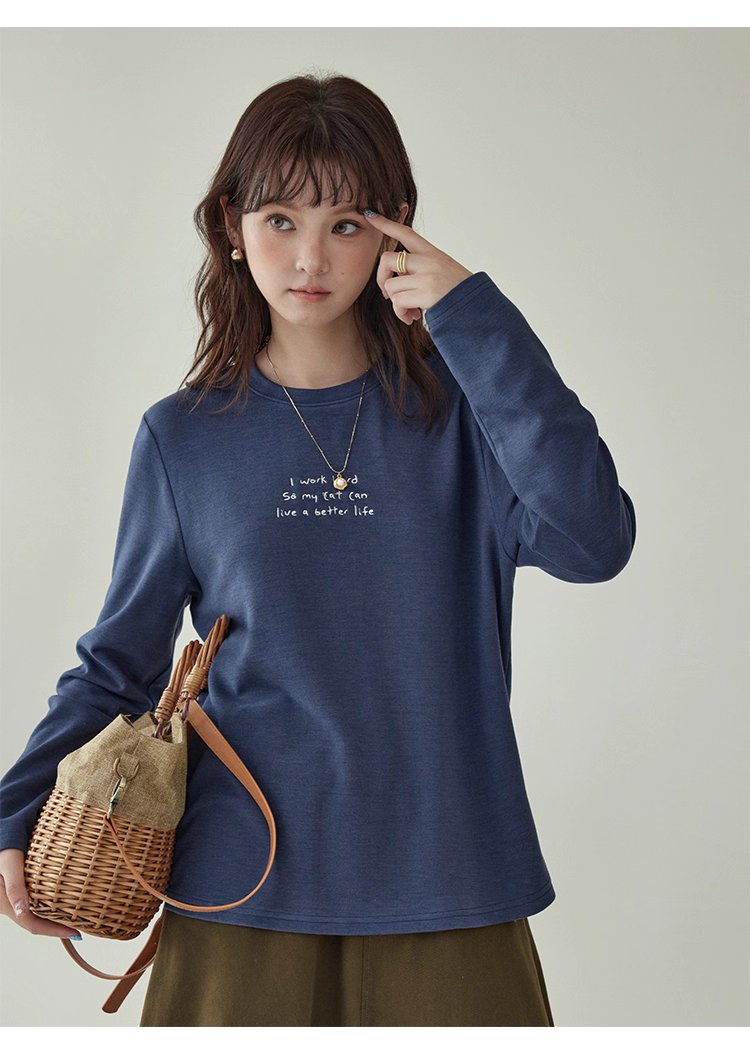 日系刺繡圓領雙面絨長袖T恤女秋季新款百搭上衣