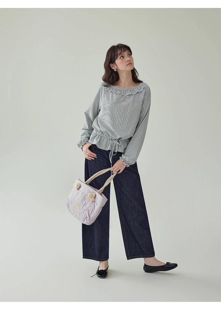 小眾抽繩下擺條紋花邊T恤女秋新款寬鬆長袖上衣