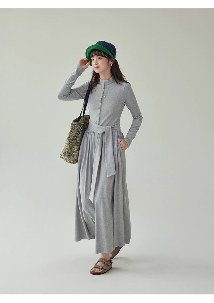 灰色修身高腰綁帶洋裝女秋新款長袖收腰T恤裙