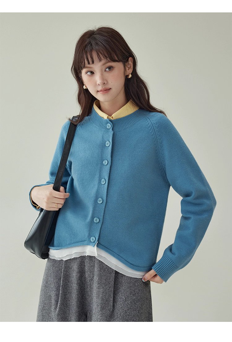 拼接蕾絲下擺藍色針織衫女秋季新款紐帶長袖上衣