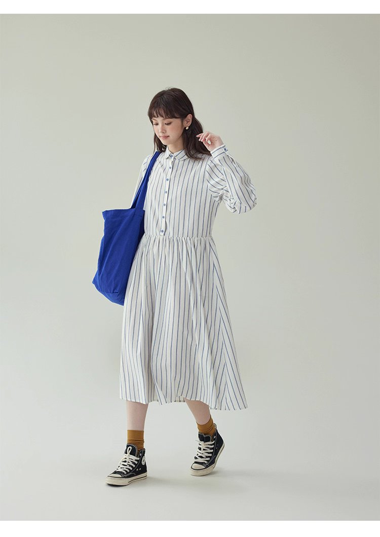 藍條紋娃娃領純棉洋裝女秋新款寬鬆長袖襯衫裙,藍條紋娃娃領純棉洋裝女秋新款寬鬆長袖襯衫裙,HBEW7043,藍條紋娃娃領純棉洋裝女秋新款寬鬆長袖襯衫裙,襯衫洋裝,全棉面料