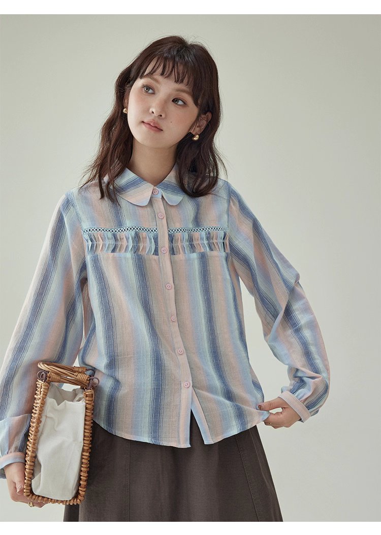 少女感鏤空拼接條紋襯衫女秋季新款純棉長袖上衣