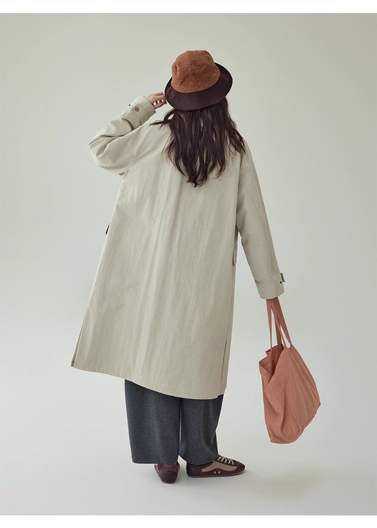日系純色立領長風衣外套女秋新款寬鬆長袖上衣