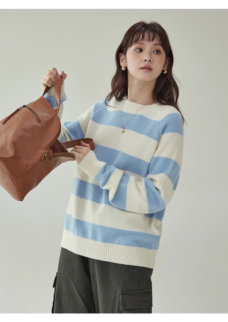 韓國拼色條紋插肩袖毛衣女秋款新款休閒寬鬆上衣