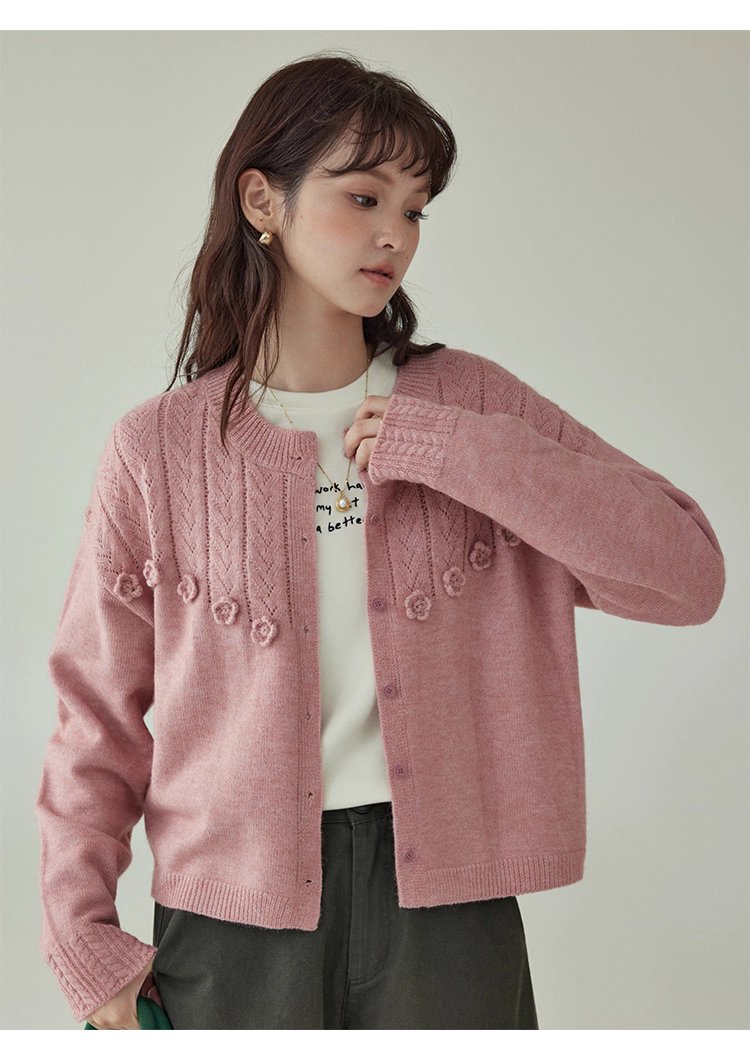 少女感粉紅花朵毛衣開襟女秋季新款寬鬆長袖上衣