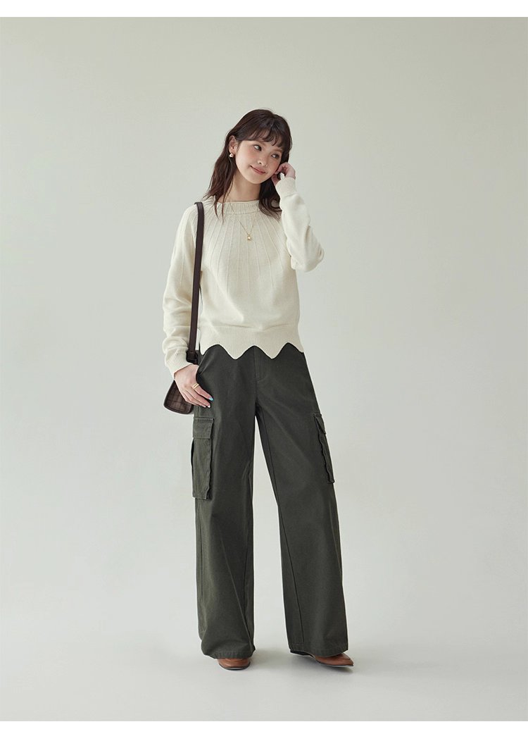 設計感波浪下擺純棉針織衫女秋冬季新款長袖上衣