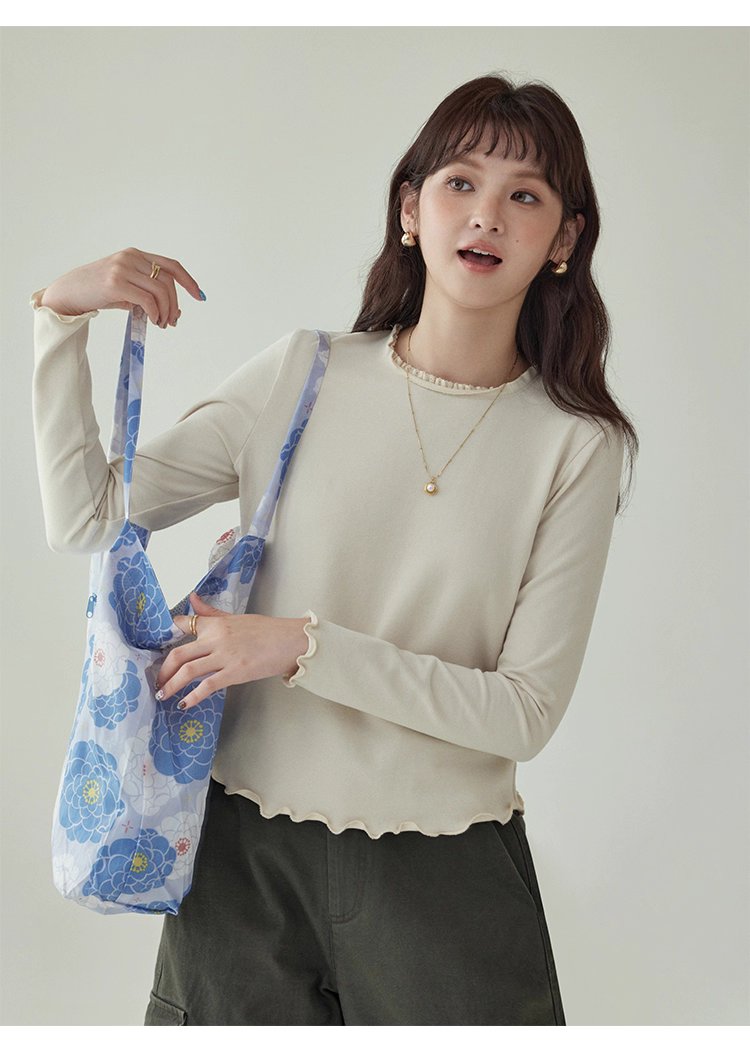 小眾花邊圓領長袖打底T恤女秋新款寬鬆純色上衣