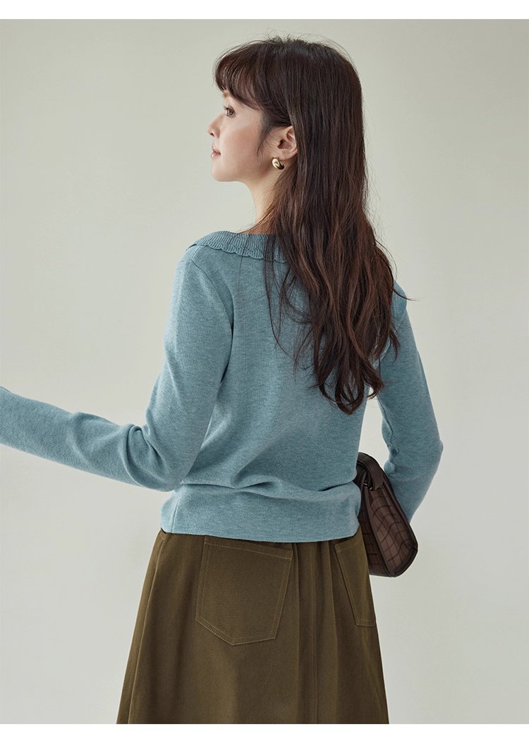 藍色圓領針織衫女秋季絕美短款修身長袖開襟衫上衣